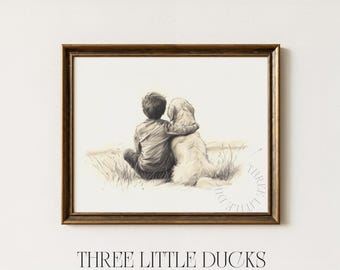 Boy and Golden Retriever Art Sketch Print | Retro Vintage Nursery Art | Puppy Dog Drawing Dog Lovers Gift | Boy Room Decor Playroom Art 263
