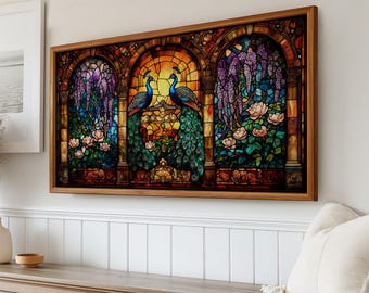 ビクトリア朝のステンドグラスの孔雀と藤のフレームのテレビアート
