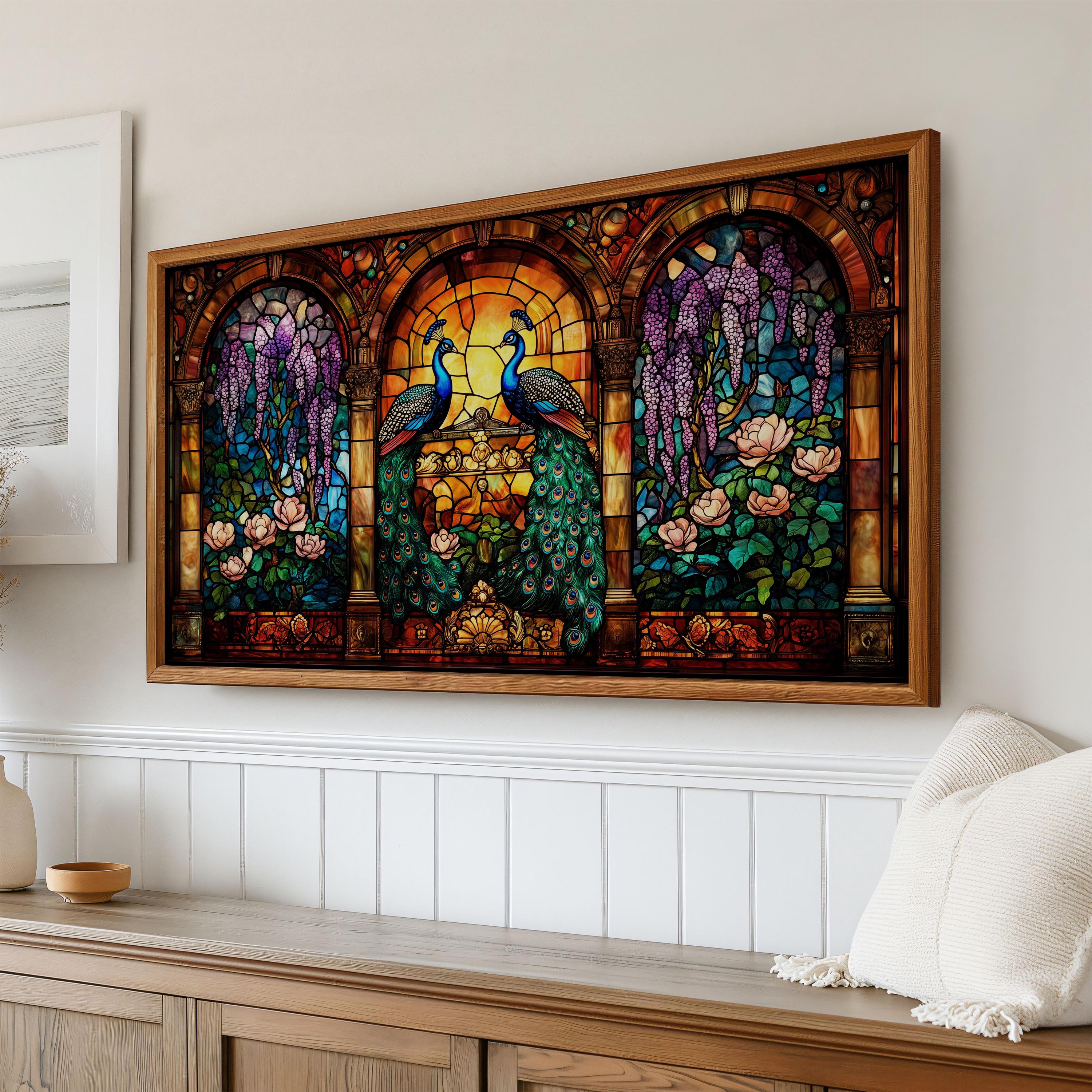 ビクトリア朝のステンドグラスの孔雀と藤のフレームのテレビアート