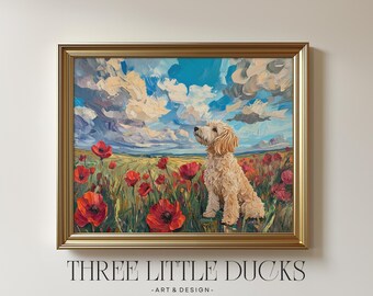 May include: A framed painting depicts a golden doodle dog in a field of red poppies under a blue sky with fluffy clouds. The artwork is in a gold frame and features the text "THREE LITTLE DUCKS - ART & DESIGN -" at the bottom.