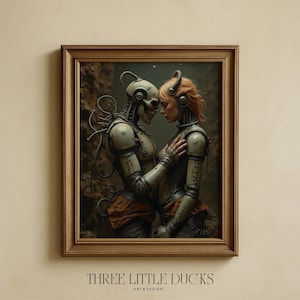 May include: Framed artwork featuring a steampunk-inspired couple embracing. One figure is a robot with a skeletal face, the other a woman with red hair and mechanical enhancements. The artwork is set against a dark, textured background.