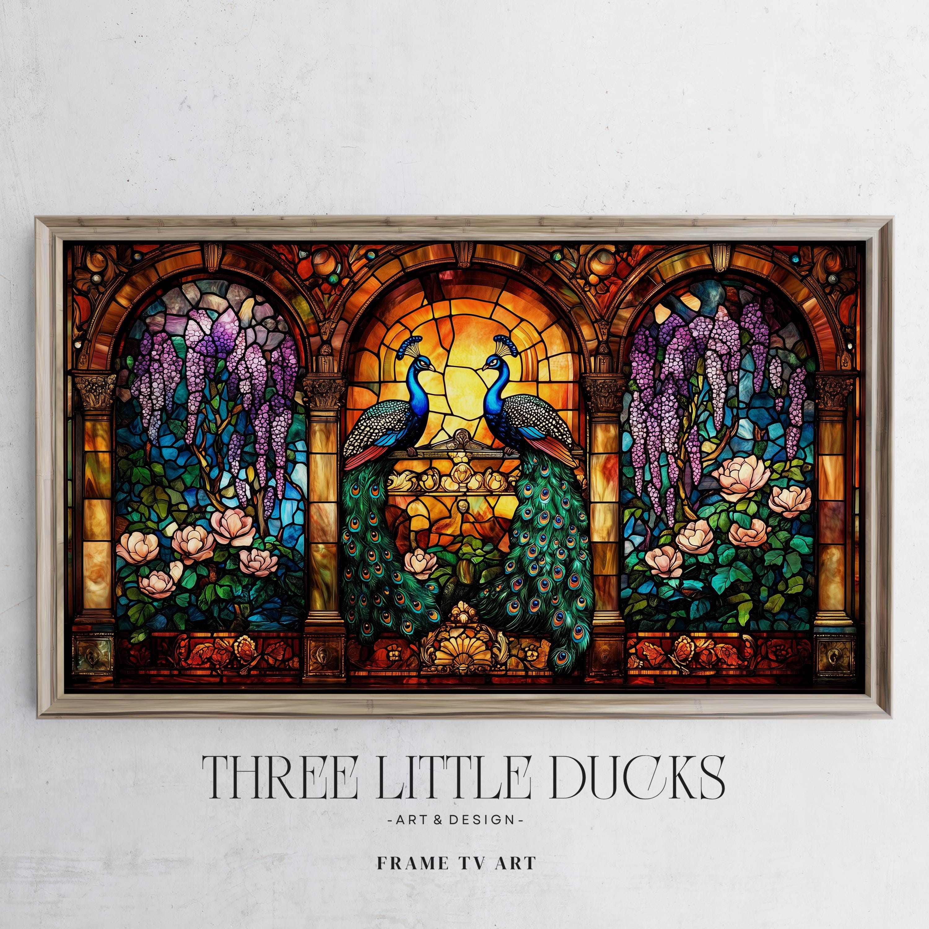 ビクトリア朝のステンドグラスの孔雀と藤のフレームのテレビアート