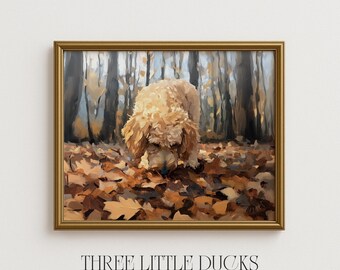 May include: A framed painting depicts a golden-colored dog sniffing at fallen autumn leaves in a forest. The artwork is set in a gold-colored frame. The background features tall, slender trees with a soft, blurred effect.