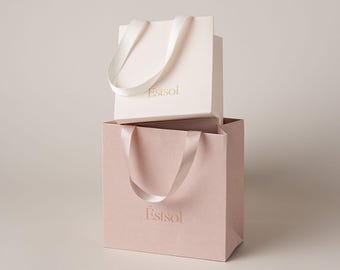 50枚入りカスタムロゴ入り紙袋 Estsol ギフトバッグ リボン付き小規模ビジネス向けパッケージ トートバッグ CS-07
