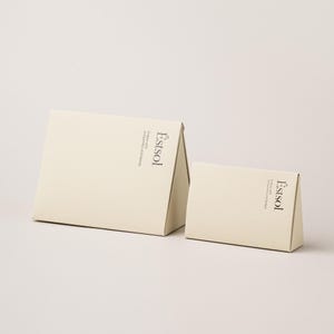 Pu&ograve; includere: Due scatole di cartone triangolari color crema di diverse dimensioni. Ogni scatola presenta il testo nero Estsol e la frase Endow with uniqueness and beauty stampati verticalmente sulla parte anteriore della confezione.