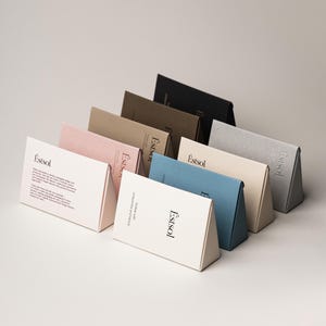 Pu&ograve; includere: Una collezione di scatole di cartone a forma di prisma triangolare in vari colori, tra cui bianco, rosa chiaro, beige, marrone scuro, nero, blu e crema. Ogni scatola presenta il marchio Estsol stampato in nero sulla parte anteriore.