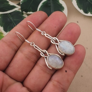 Handmade Sterling Silver Rainbow Moonstone Drop Earrings: Boho Dangle Jewelry