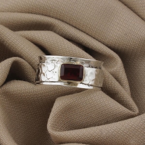 Emerald Cut Red Garnet Ring: Hammered Sterling Silver Band