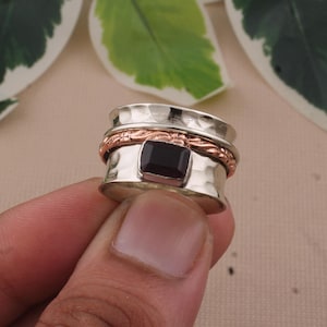 Red Garnet Spinner Ring: Sterling Silver & Copper Fidget Band