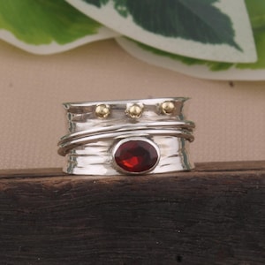 Handmade Sterling Silver Garnet Ring: Hammered Band, Artisan Jewelry