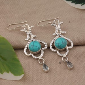 Handmade Turquoise Dangle Earrings: Sterling Silver Tibetan Design