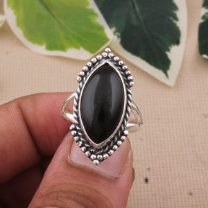 Black Onyx Sterling Silver Ring: Marquise Boho Statement, Handmade