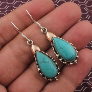 Tibetan Turquoise Dangle Earrings: Handmade 925 Sterling Silver Boho Jewelry