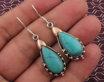 Tibetan Turquoise Dangle Earrings: Handmade 925 Sterling Silver Boho Jewelry