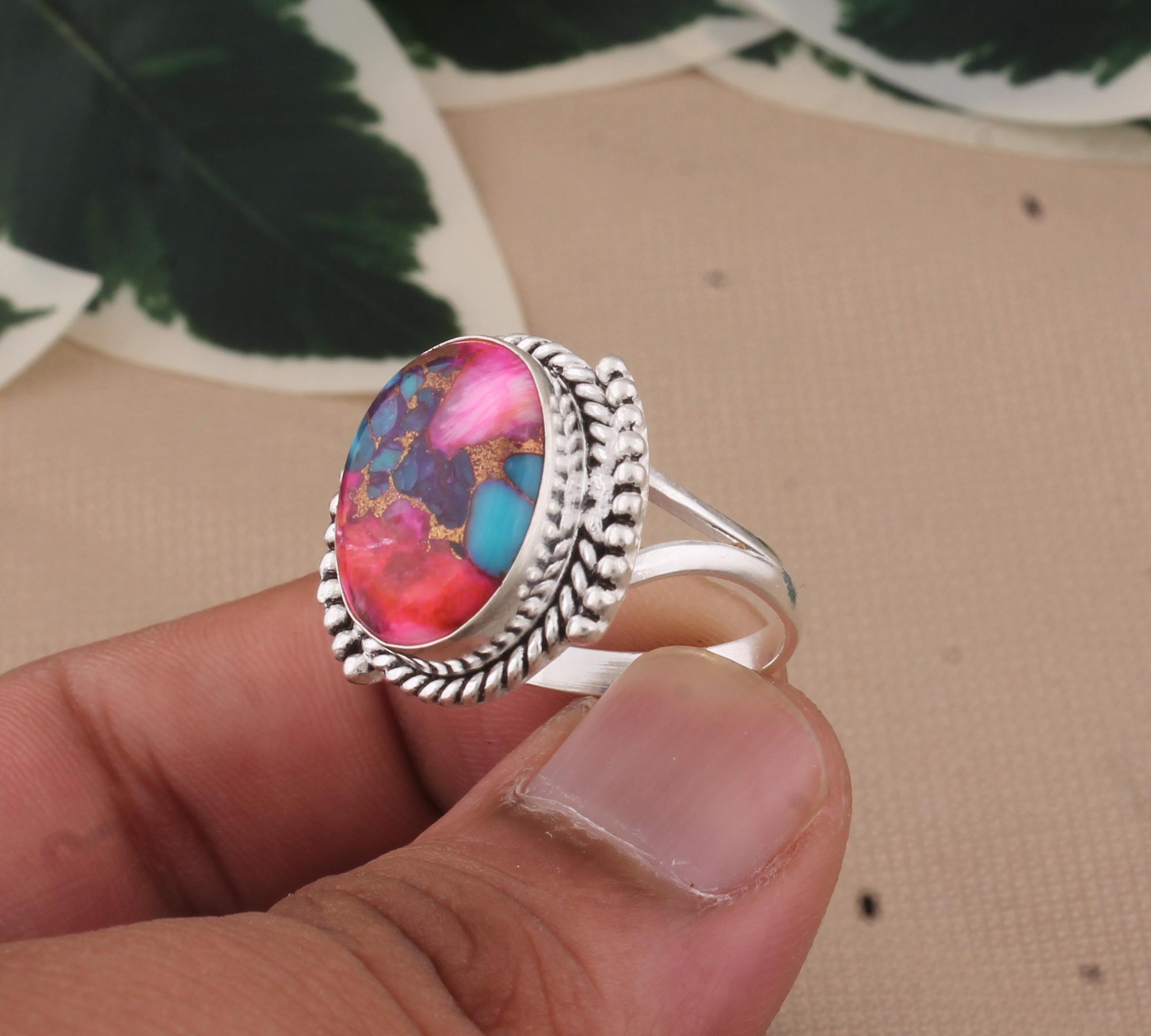 Pink Spiny Oyster & Turquoise Ring: Sterling Silver Boho Statement