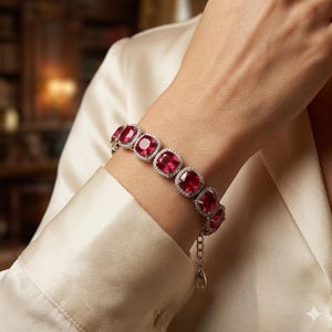 Peut inclure: Un bracelet en argent orné de grandes pierres précieuses rouge rubis carrées, chacune entourée d'un halo de petits cristaux transparents. Le bracelet est présenté sur un poignet, avec une manche en satin crème en arrière-plan. Le fermoir est visible.