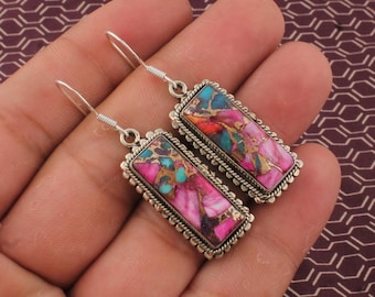 Pink Oyster Sterling Silver Earrings: Boho Dangle Gemstone Jewelry