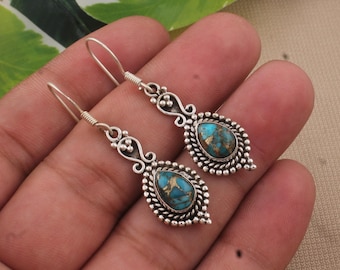 Blue Copper Turquoise Dangle Earrings: 925 Sterling Silver, Handmade