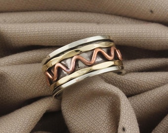Mixed Metal Spinner Ring: Sterling Silver, Copper & Brass Fidget Band