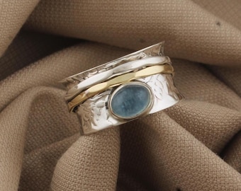 Anillo giratorio de plata de ley con aguamarina: joyería bohemia de meditación con banda ancha