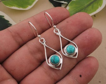 Handmade Tibetan Turquoise Dangle Earrings: Sterling Silver Earrings