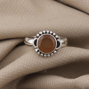 Peach Moonstone Sterling Silver Ring: Round Boho Statement Jewelry