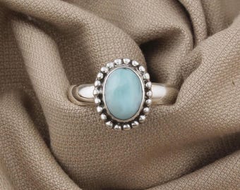Larimar Sterling Silver Ring: Blue Gemstone Floral Boho Jewelry