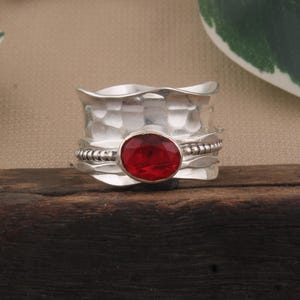 Red Garnet Spinner Ring: Wide Band Sterling Silver Fidget Jewelry
