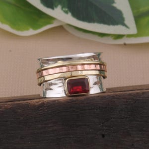 Red Garnet Sterling Silver Spinner Ring: Mixed Metal Fidget Jewelry