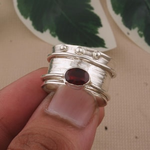 Garnet Spinner Ring: Sterling Silver Wide Band, Boho Meditation Jewelry