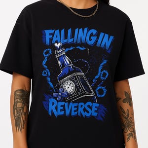 Falling In Reverse Blue Bottle T Shirt, Band Graphic Cartoon Style Tee, Rock Metalcore Concert Fan Merch