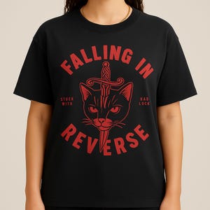 Falling In Reverse Cat and Sword Graphic T-Shirt | Rock Metalcore Band Merch Gothic Tattoo Style Tee Unisex