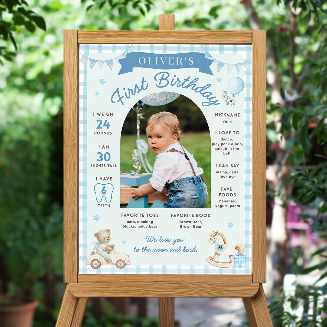 First Birthday Poster – Editable Baby Milestone & Stats, Printable 1st