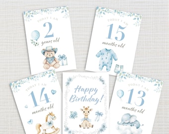 13 to 24 Months Blue Baby Milestone Cards – Printable Monthly Photo Props – Second Year – Instant Download
