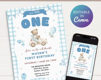 1st Birthday Invitation, Blue Teddy Bear, Boy Party Invite, Our Little One, Canva Editable 5x7