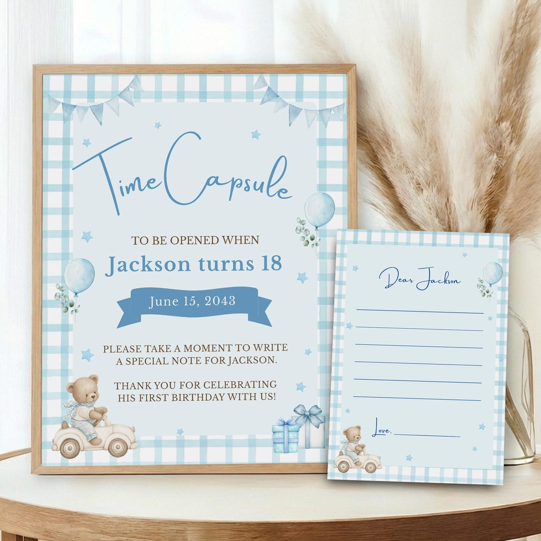 Teddy Bear Time Capsule Sign and Cards, Blue Gingham First Birthday ...