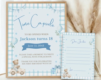 Teddy Bear Time Capsule Sign and Cards, Blue Gingham First Birthday Decor Boy, Watercolor Bear 1st Birthday Keepsake, Printable Message