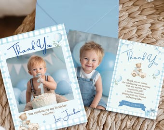 First Birthday Thank You Card, Editable Photo Template, Blue Boy, Printable 5x7 & 7x5, 2 Designs