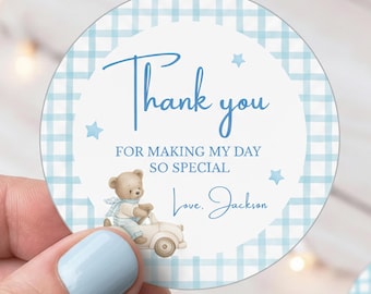 Birthday Thank You Round Stickers Template, Editable Canva, Printable Party Favor Stickers, Blue Bear Theme