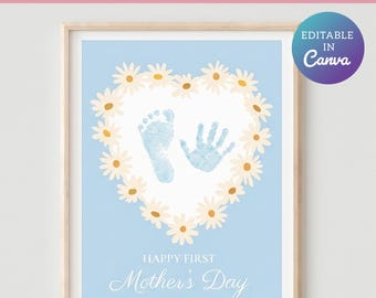 First Mother's Day Handprint Art Printable – Floral Wreath Baby Footprint Craft – DIY Keepsake Gift for Mom