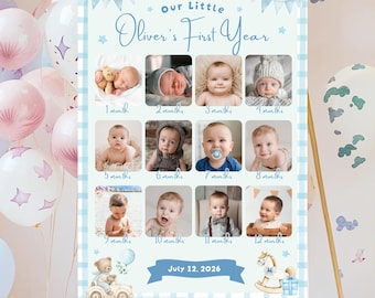 First Year Milestone Photo Poster, Baby 1–12 Months Collage Board, Canva Template