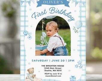 Photo Birthday Invitation, Blue Teddy Bear, Boy Party Invite, Editable Template, Canva 5x7