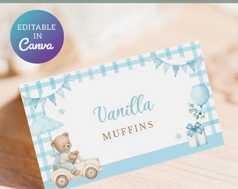 Editable Food Labels – Blue First Birthday Party Tent & Flat Cards – Canva Template