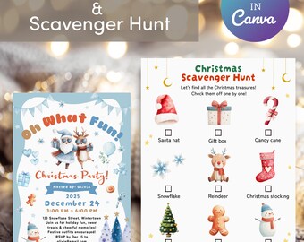christmas party invitation, scavenger hunt game, editable kids holiday template, winter wonderland bundle