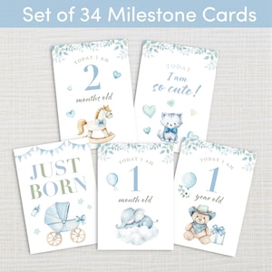 Blue Baby Milestone Cards – Printable Monthly Photo Props – Newborn to 1 Year – Boy Baby Shower Gift – Instant Download