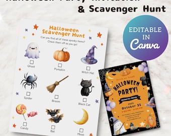 Halloween party Invitation,Printable Scavenger Hunt for Kids,editable,Canva Template,Trick or Treat Party Game ,Instant Download
