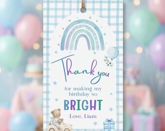 Blue Rainbow Thank You Gift Tag, Editable Birthday Favor Tag, Boy Birthday Printable, Cute Teddy Bear