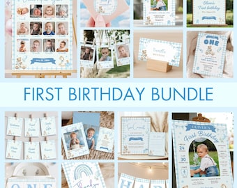 First Birthday Bundle Boy, Blue Teddy Bear 1st Birthday Decorations Printable, Editable Invitation Set, Milestone Poster, Party Decor