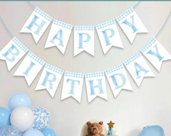 Watercolor Happy Birthday Banner,Printable Party Decor, First Birthday Wall Pennant, Watercolor Letter Garland, Baby Boy Celebration Decor