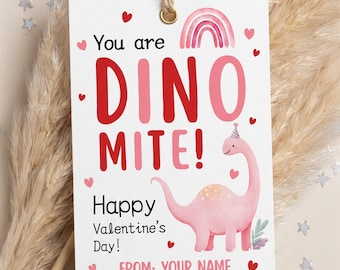 Valentine’s Day Tag – DINO MITE Dinosaur Printable, Editable Kids Valentine Card, Cute Dino Name Personalization Template